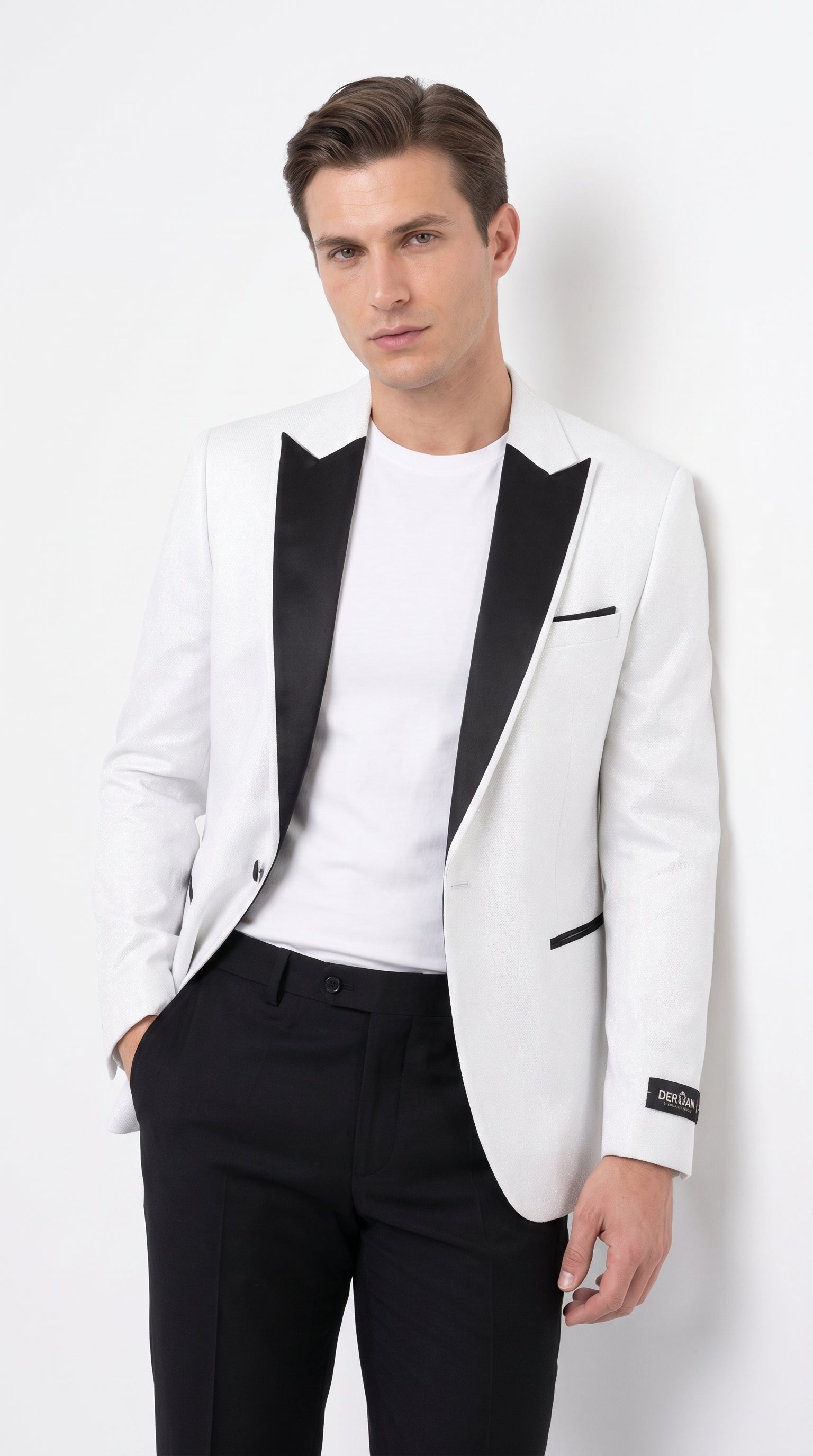 Men's White Sparkle Dinner Jacket – Black Satin Shawl Lapel Tuxedo Blazer   Slim Fit Sequin Shiny Prom Jacket - 34 Short or Extra Small