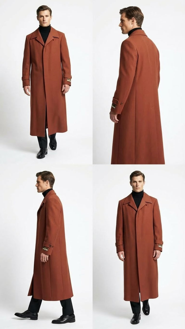 Mens Full-Length Cognac Overcoat Premium Wool-Blend Long Dress Coat for Winter and Formal Wear in Rust Brick Color