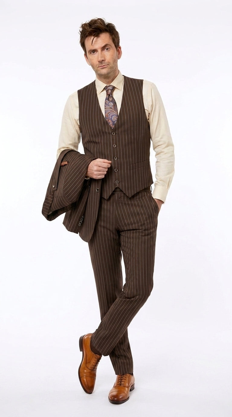 Men’s Doctor Who Inspired Brown Pinstripe 3-Piece Suit – Retro Vintage Wedding, Costume & Formal Suit - 34 Short or Extra Small