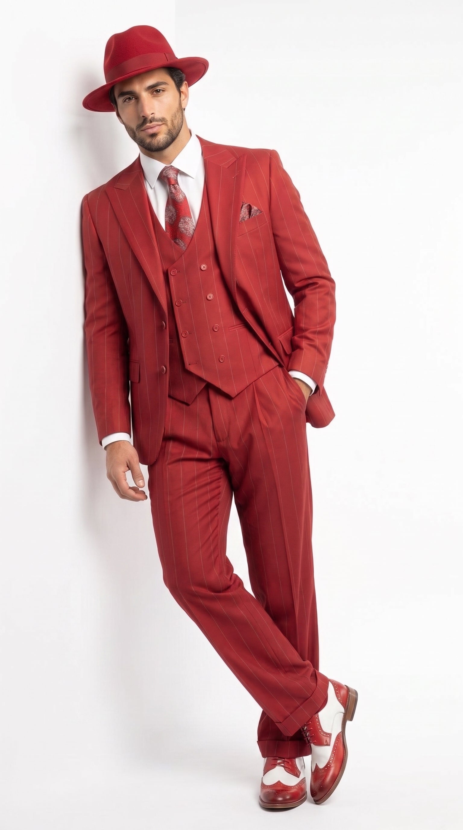 Men’s Red & White Pinstripe 3-Piece Suit by Mazari – Peak Lapel Classic Fit Gangster Suit with Pleated Pants - 34 Short or Extra Small