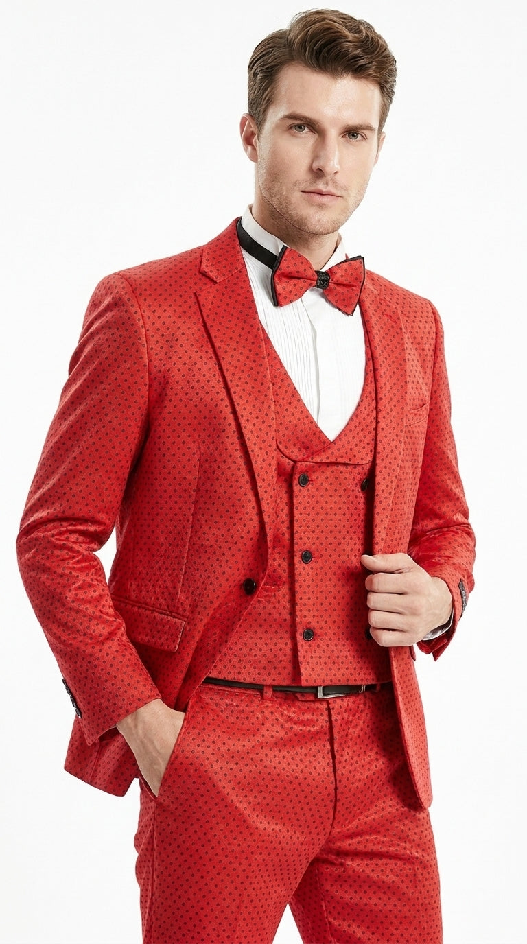 Tazio Men’s Cherry Red and Black  Polka-Dot 3-Piece Suit – Skinny Fit Prom, Wedding and Party Suit or Tuxedo - 34 Short or Extra Small