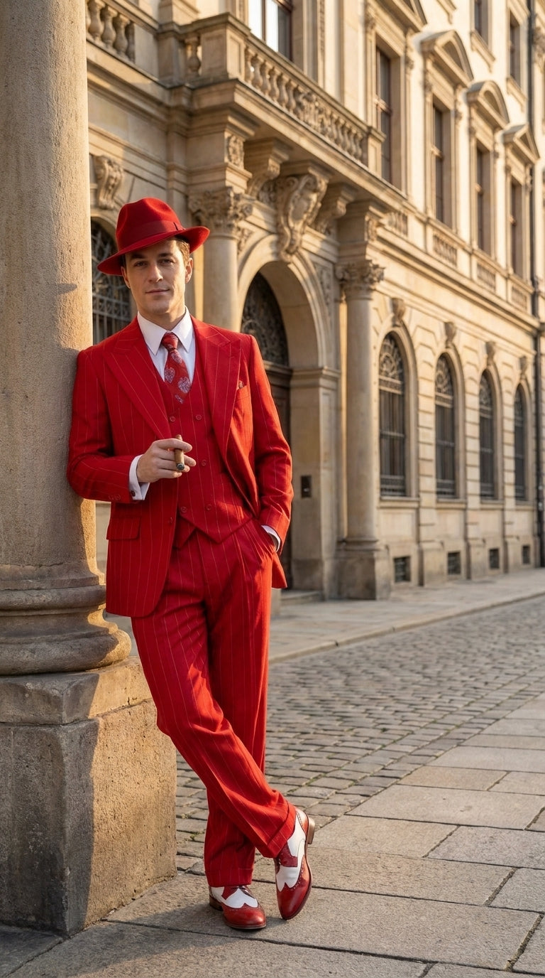 1920s Christmas Holiday Gangster Men’s Red Pinstripe 3-Piece Suit – Peak Lapel Classic Fit Pleated Pants - 34 Short or Extra Small
