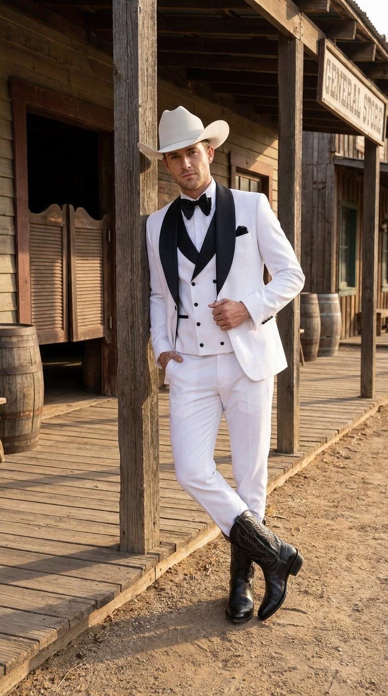 Men’s White and Black Western Wedding Tuxedo – Cowboy Style 3-Piece Traje para Boda with Double-Breasted Vest - 34 Short or Extra Small