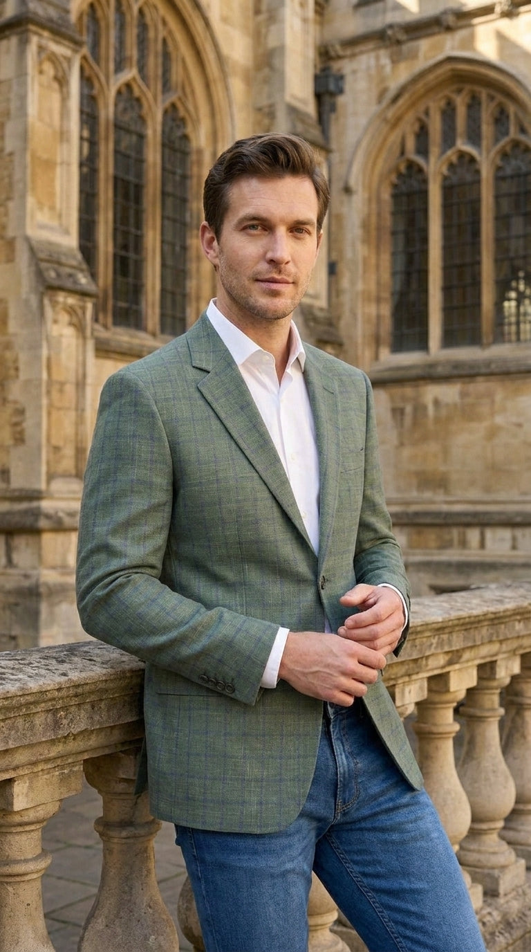 Men’s Sage Green Windowpane 2-Piece Suit – Modern Fit Plaid Wedding, Business and Formal Suit - 36 Short