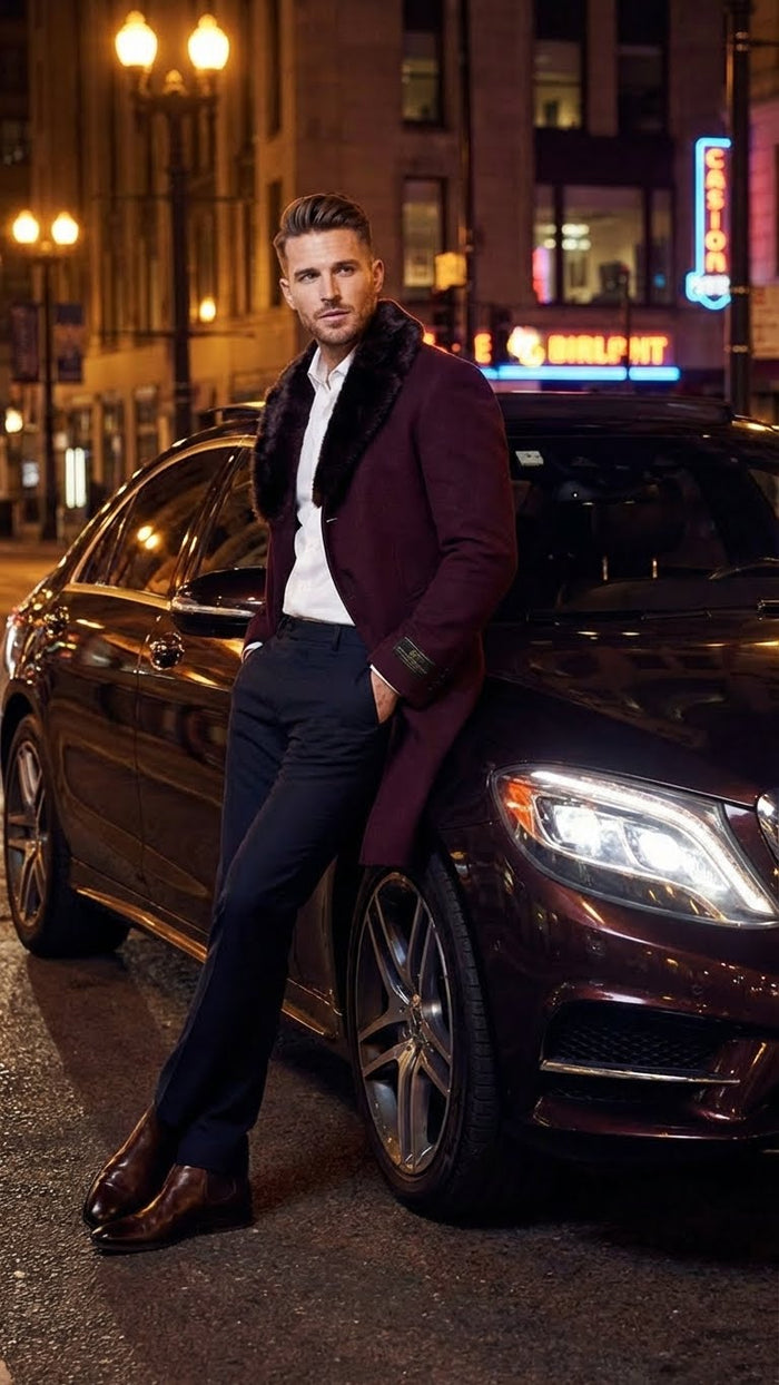 Mens Burgundy Three Quarter Coat with Faux Fur Collar Overcoat Luxury Winter Outerwear Three Quarter Carcoat Topcoat
