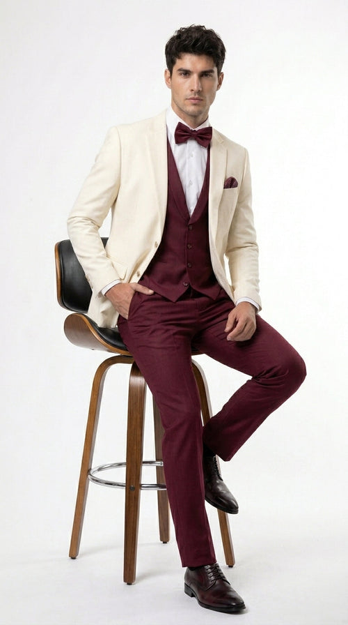 Men’s Cream Ivory and Burgundy 3 Piece Tuxedo Suit, Vested Formal Wedding Prom Dinner Suit in Cream Off White Color