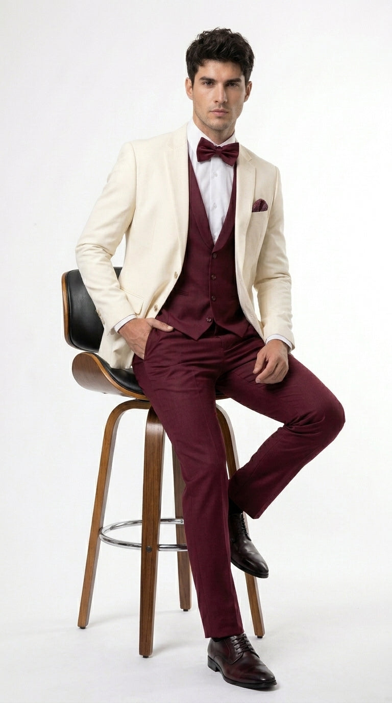Men’s Cream Ivory and Burgundy 3 Piece Tuxedo Suit, Vested Formal Wedding Prom Dinner Suit in Cream Off White Color