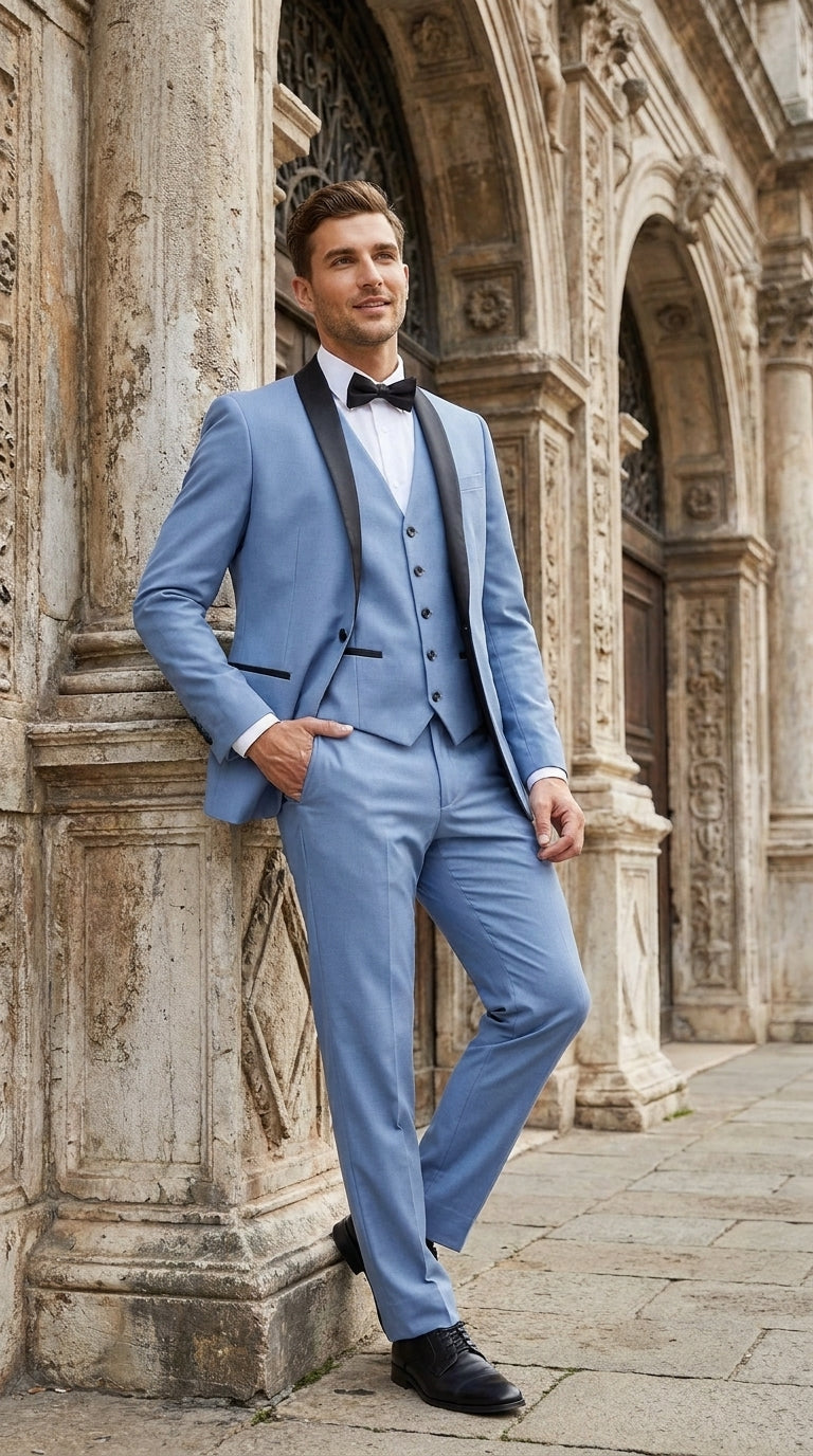 Men’s Powder Blue 3 Piece Tuxedo Suit – Light Blue Shawl Lapel Wedding Prom Suit with Vest - 34 Short or Extra Small