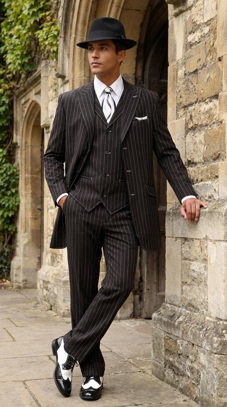 Men’s Black Pinstripe Zoot Suit – 3-Piece Gangster, Formal Suit 1920s Pimp Suit - 34 Short or Extra Small