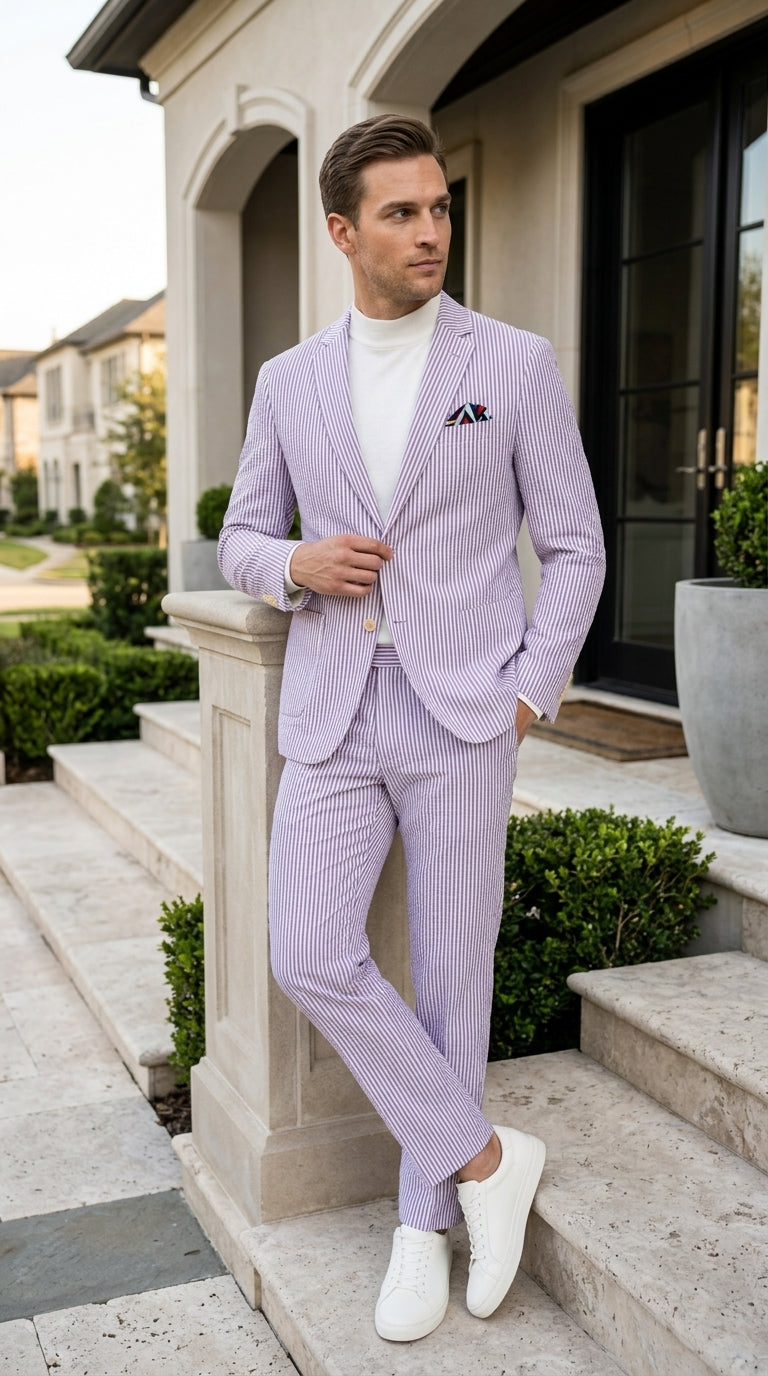 Men’s Lavender Seersucker 2 Piece Suit, Lightweight Summer Blazer and Pants Set for Weddings, Parties, Prom, and summer fabric - 34 Short or Extra Small