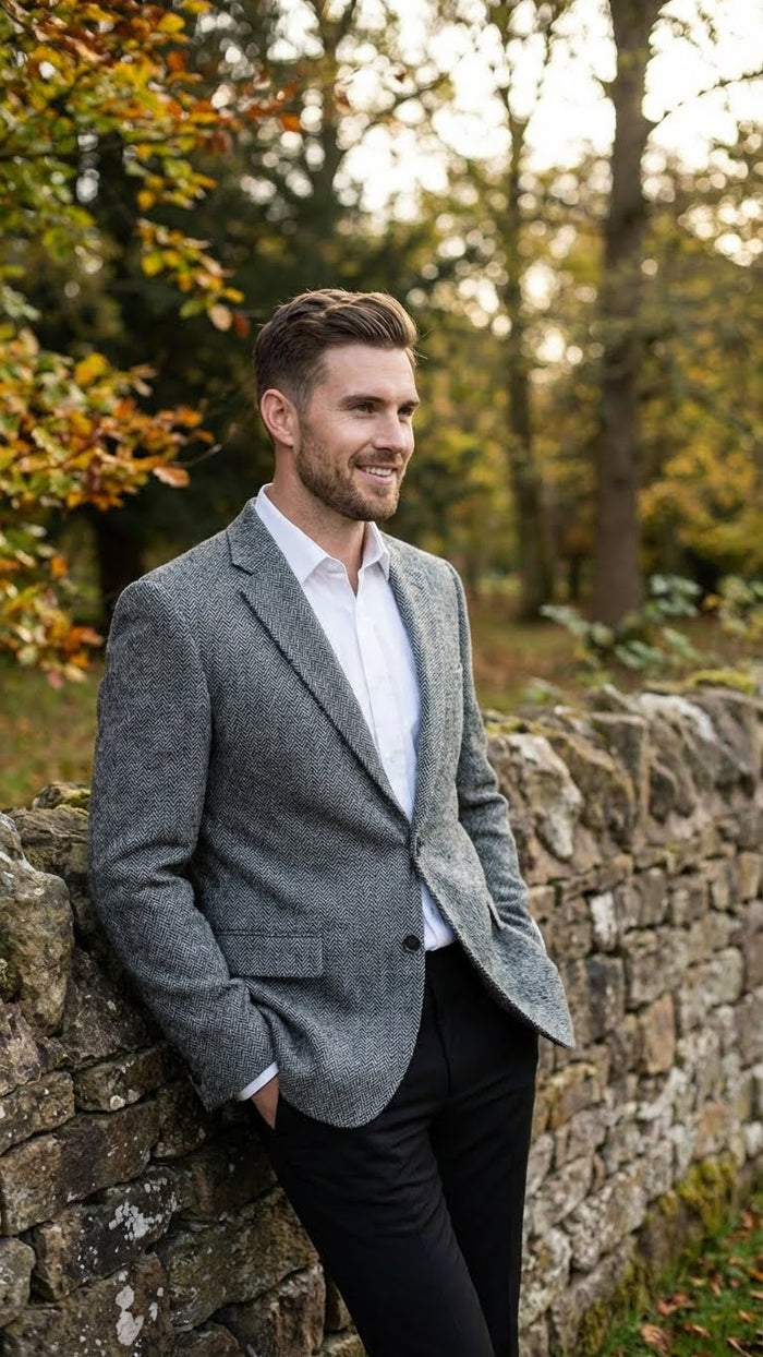 Mens Grey Harris Tweed Blazer Jacket, Classic Herringbone Wool Sport Coat for Business Casual