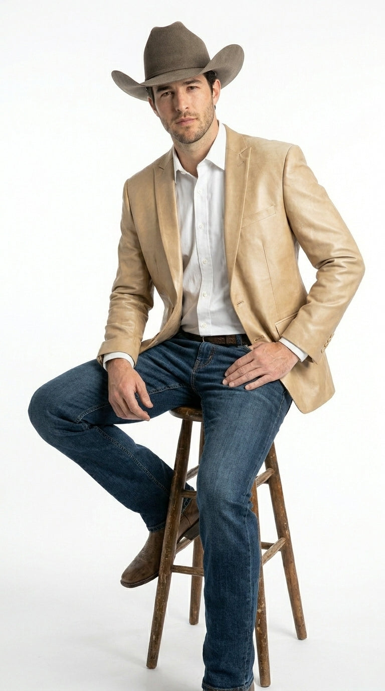 Men’s Champagne Gold Western Blazer, Formal Cowboy Wedding Ranch Sport Coat Jacket tan beige color sheen sharkskin fabric - 36 Short
