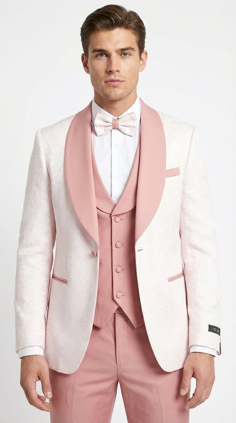 Men’s Cream and Rose Pink Prom Suit – Cream Tuxedo Jacket with Rose Pink Pants and Shawl Lapel Formal Suit for Prom and Wedding - 34 Short or Extra Small