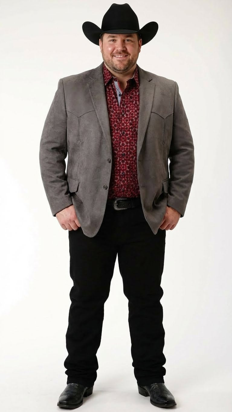 Mens Charcoal Gray Western Faux Suede Blazer Double Button Cowboy Jacket for Wedding & Party Wear - 36 Short