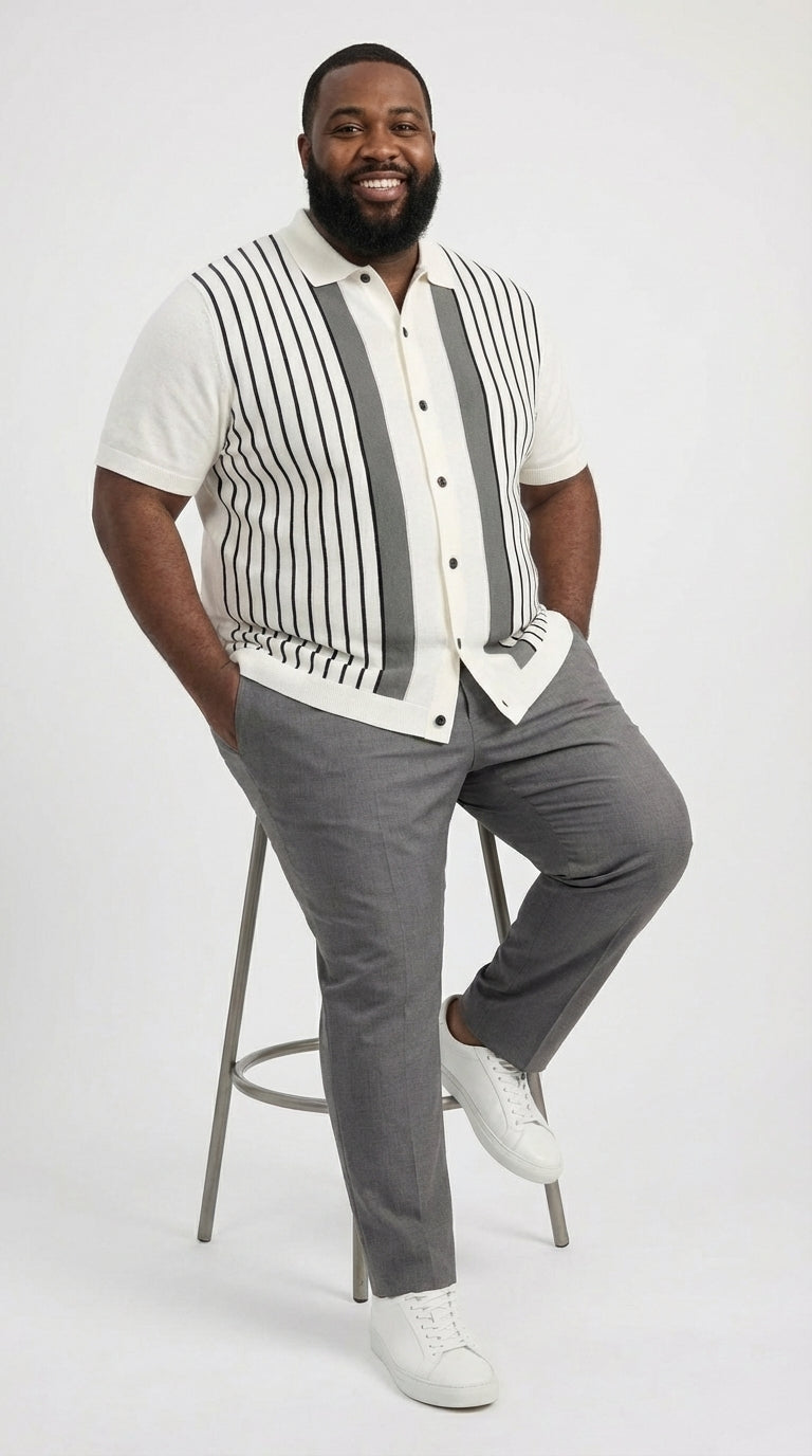 Mens White and Charcoal Gray Stripe Walking Suit Set – Short Sleeve Button Shirt and Pants Casual Summer Outfit for Travel, Vacation and Everyday Wear - S