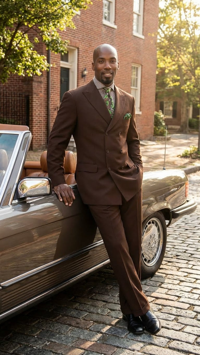 Mens 6 on 3 Style Brown Double Breasted Suit with Wide Leg Pleated Pants, Classic Formal 2 Piece Dress Suit Set