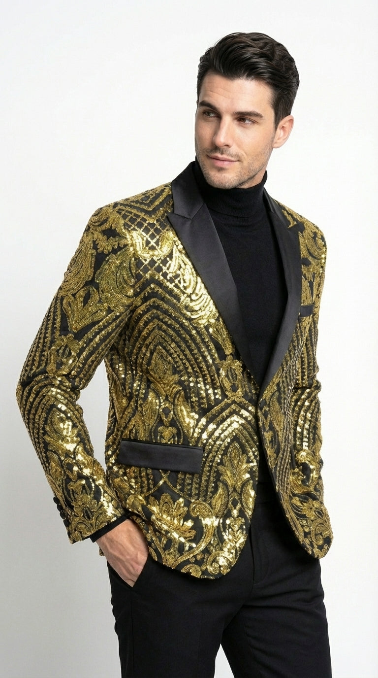 Mens Black and Gold Pattern Blazer – Gold Floral Luxury Formal Blazer Jacket for Prom, Wedding and Party Slim Fitted - S