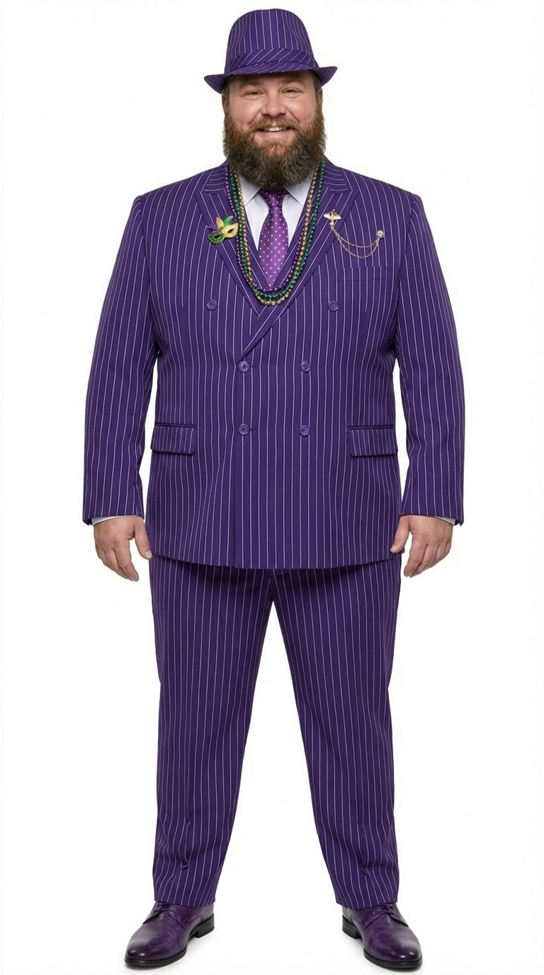 Mens Purple Pinstripe Mardi Gras Suit | Classic Double Breasted Formal Carnival Suit - 34 Short or Extra Small