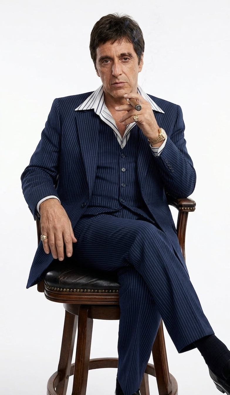 Tony Montana’s Blue Pinstripe 3 Piece Suit – Men’s Vintage Blue Striped Suit for Wedding, Prom and Classic Formal Wear - 34 Short or Extra Small