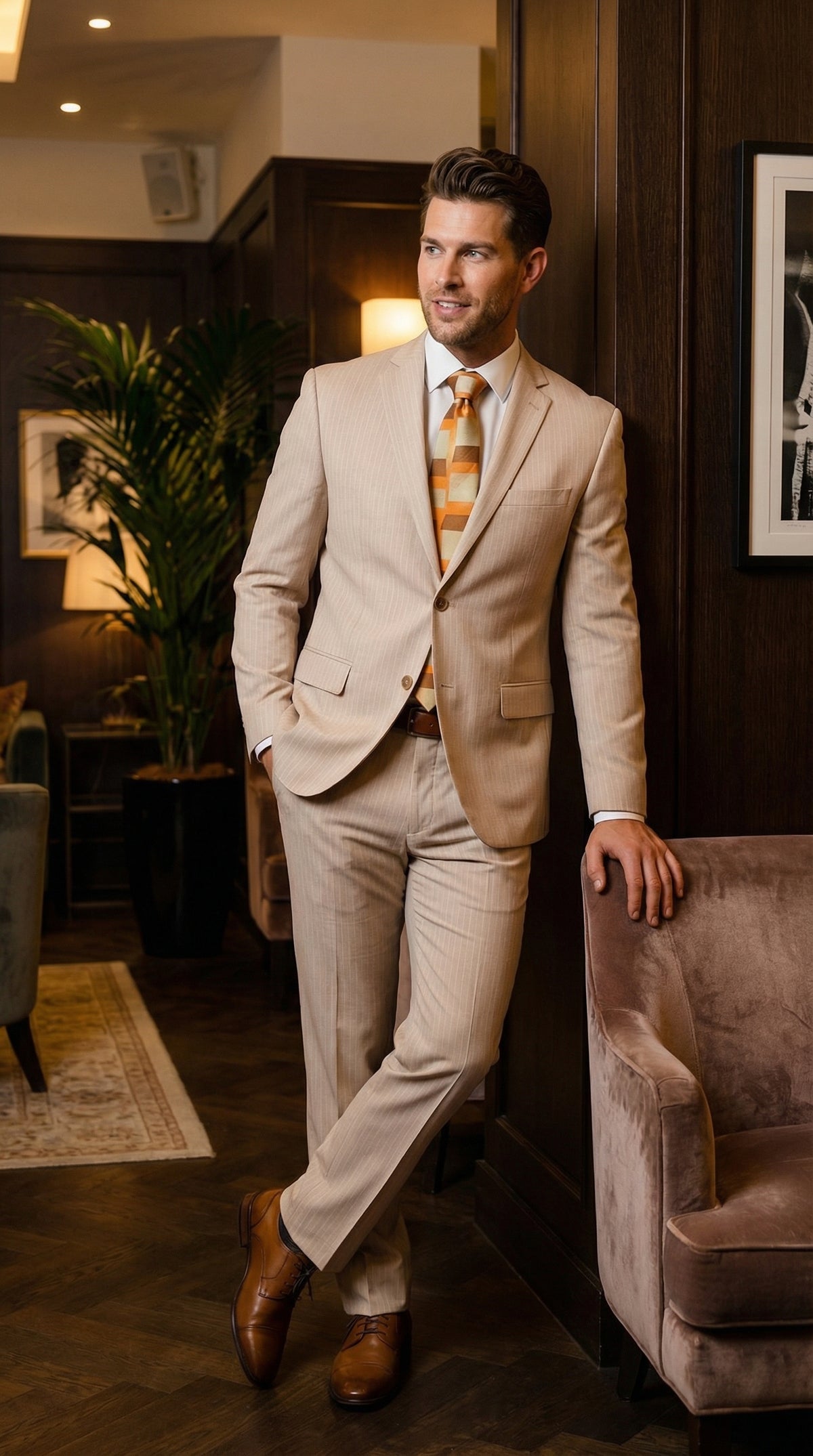 Vitali Mens Natural Beige Pinstripe Suit Summer Tan Pinstripe  Weddings and Business Wear
