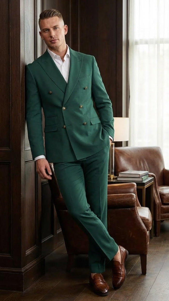 Vitali Brand Mens Emerald Green Double Breasted Suit Modern Fit Side Vented