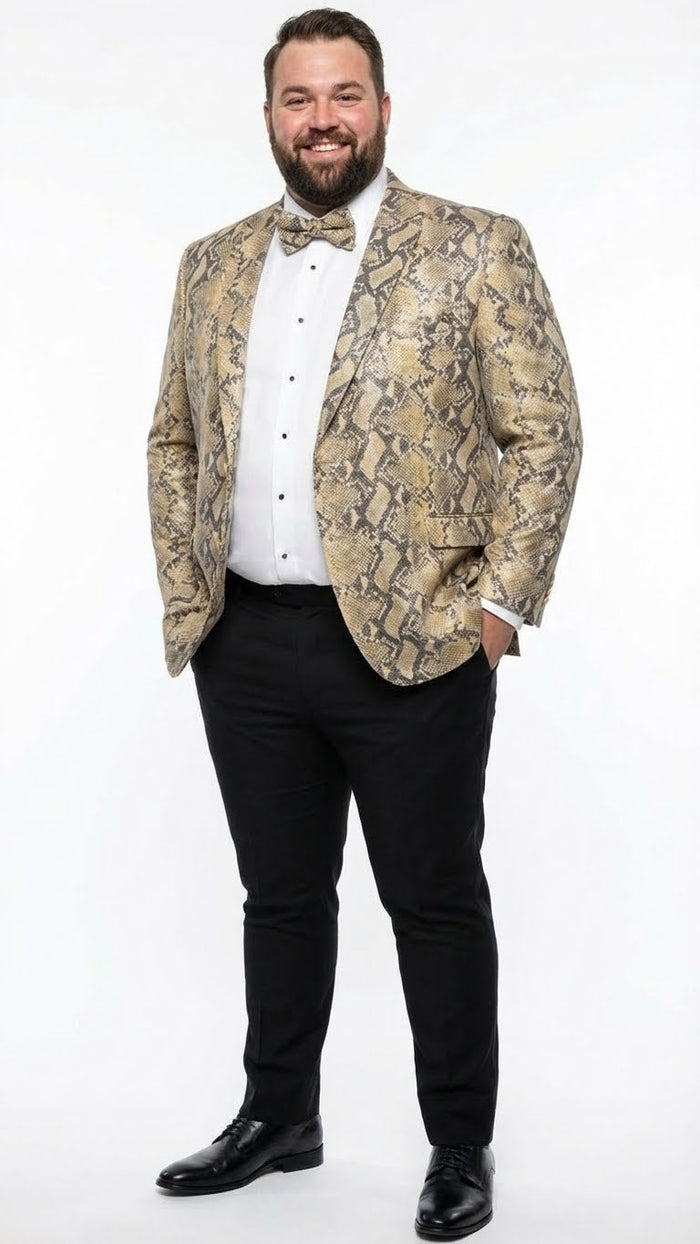 Mens Beige and Black Snakeskin Print Blazer Alligator Crocodile Exotic Sking Sport Coat Jacket in Tan Camel Color