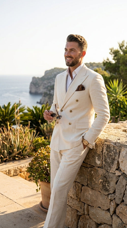 Men’s Ivory Linen Double Breasted Blazer, Lightweight Wedding Dinner Sport Coat Jacket Cream Off White