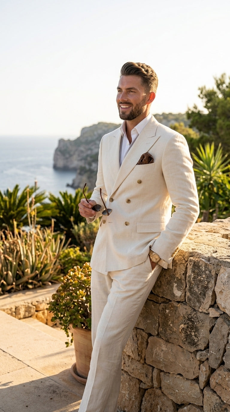 Men’s Ivory Linen Double Breasted Blazer, Lightweight Wedding Dinner Sport Coat Jacket Cream Off White - 36 Short