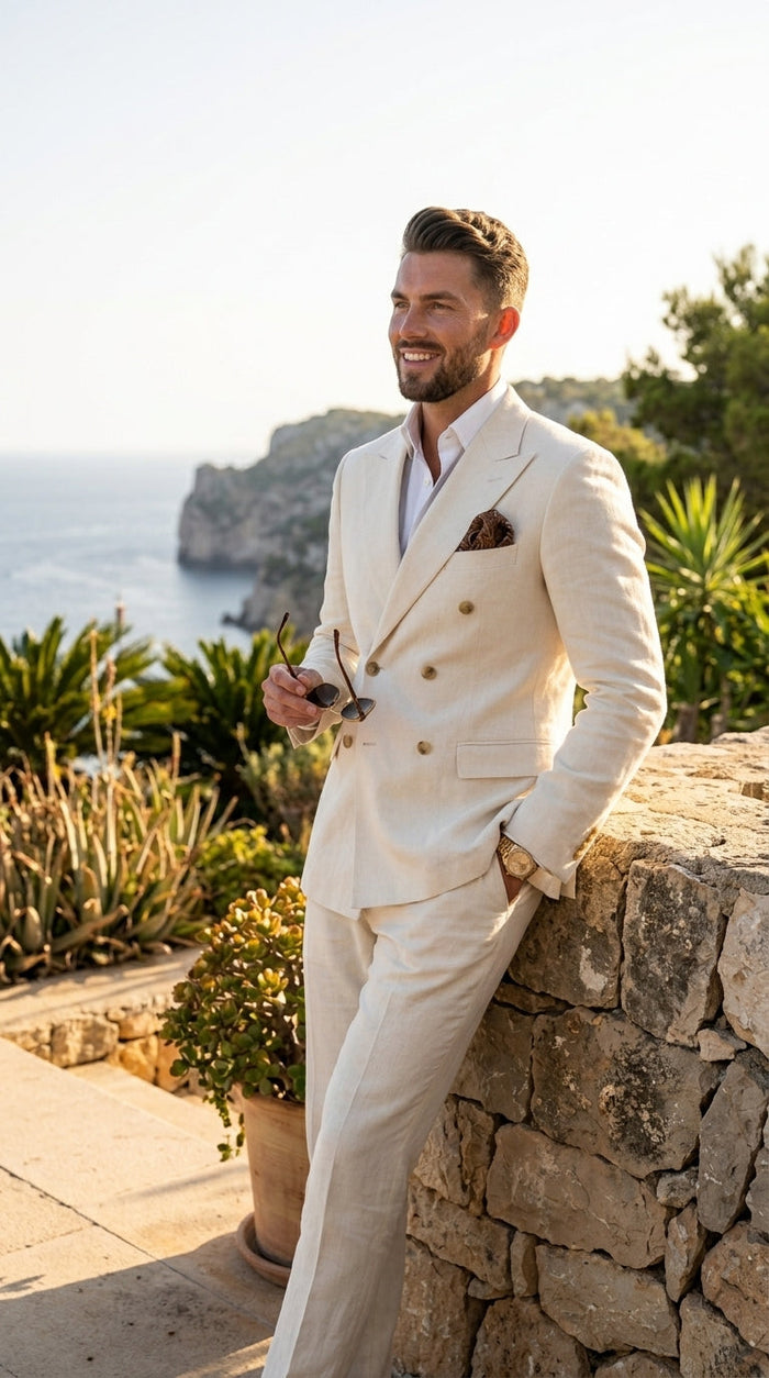 Men’s Ivory Linen Double Breasted Blazer, Lightweight Wedding Dinner Sport Coat Jacket Cream Off White