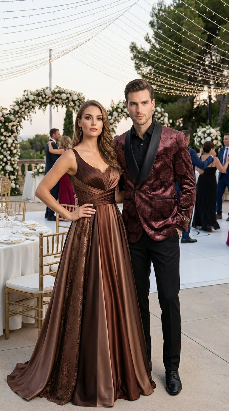 Mens Rust Copper Brick color Floral Jacquard Pasiley Blazer – Pattern Dinner Jacket with Black Shawl Lapel for Formal dinners and Wedding-Light Brown Color