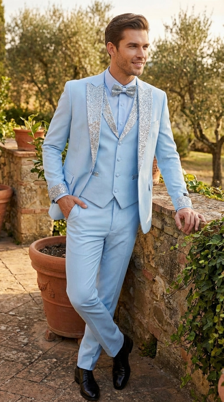 Men’s Light Blue Suit with Silver Glitter Lapel – Light Blue Formal Tuxedo Suit for Prom, Wedding and Special Occasion Wear in Sky Baby Blue - 34 Short or Extra Small