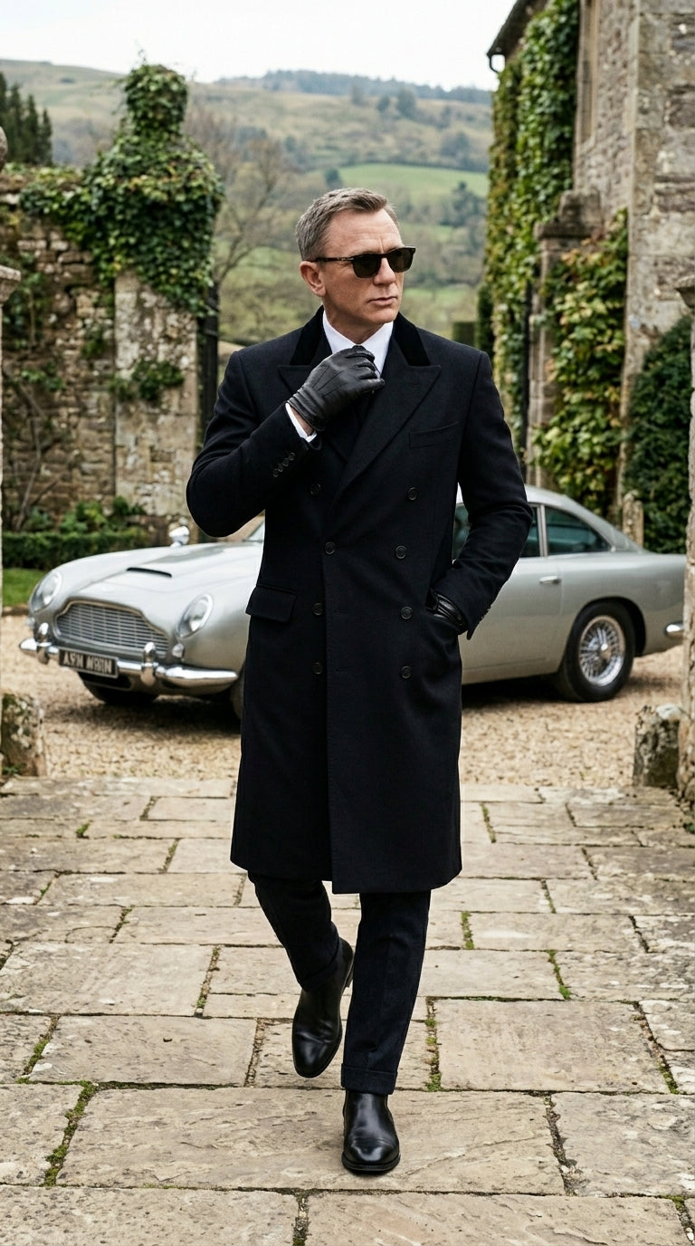 Men’s Black Double Breasted Overcoat, James Bond Inspired Long Formal Coat for Weddings, Business Events, Parties, and Winter Occasions - Coat Size 38