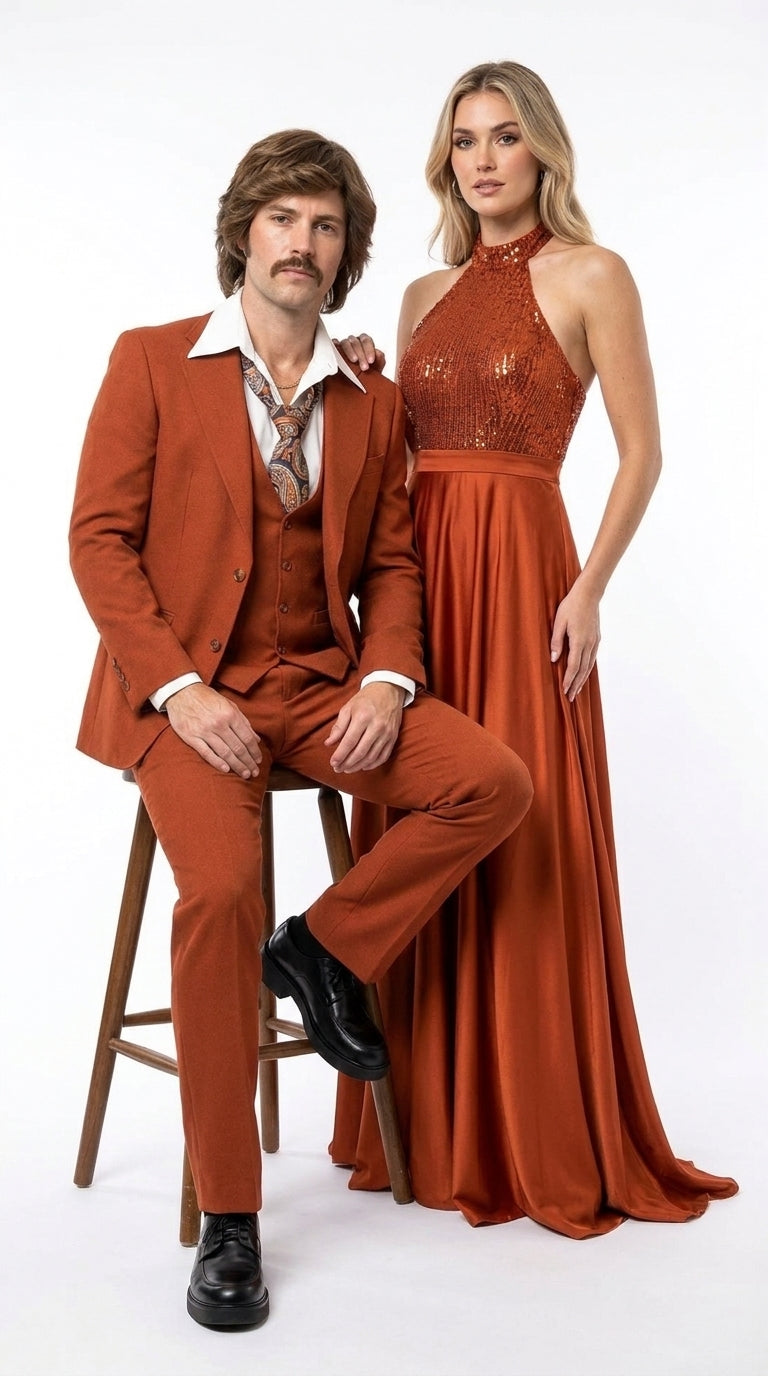 Men’s Burnt Orange 3-Piece Suit – 1970s Disco, Retro Rockabilly, Prom and Party Suit - 34 Short or Extra Small