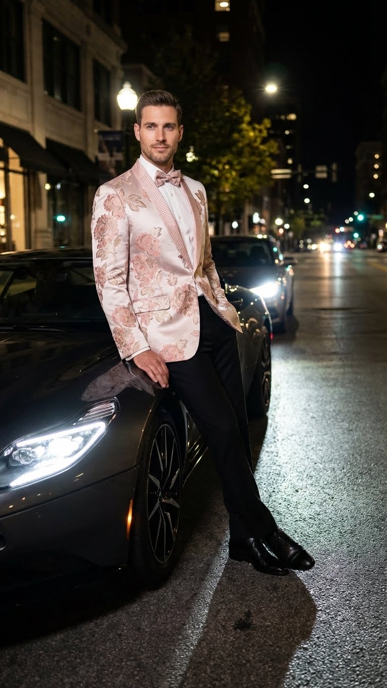 Men’s Pink Blush Floral Jacquard Blazer with Embellished Shawl Lapel – Luxury Party and Wedding Wear Jacket - 36 Short