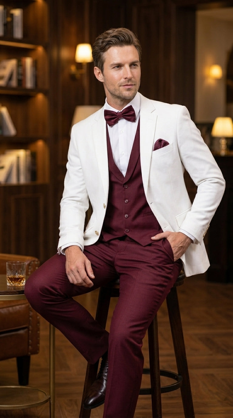 Men’s White and Burgundy 3 Piece Tuxedo Suit, Vested Formal Wedding Prom Dinner Suit Set bowtie included