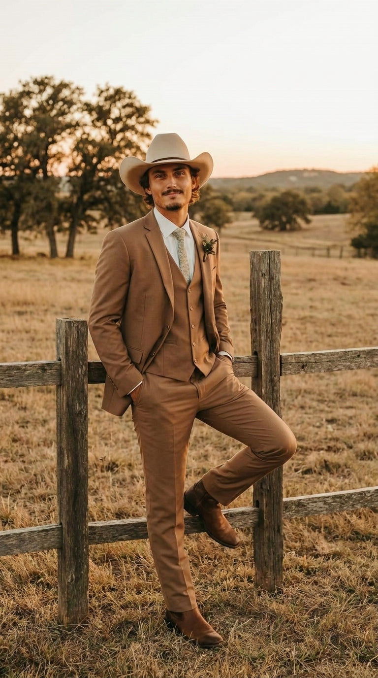 Mens Camel Brown Copper Western 3 Piece Suit – Classic Country Style Blazer Vest Pants Set, Formal Cowboy Suit Outfit - 34 Short or Extra Small