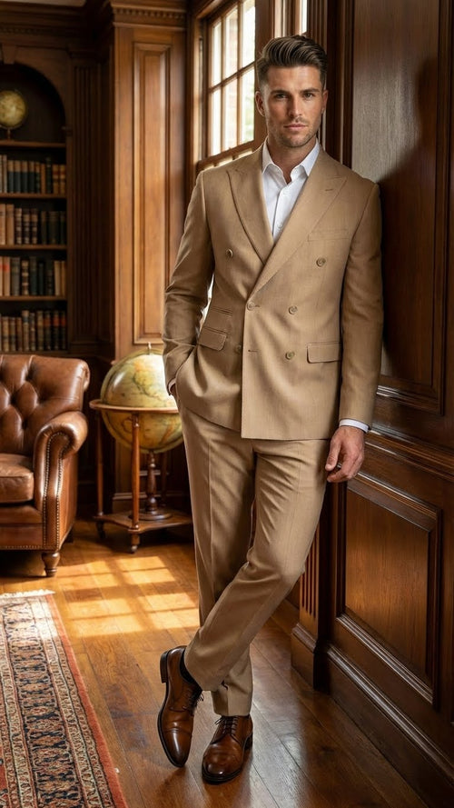 Vitali Brand Mens Beige Double Breasted Suit Classic Wedding, Prom & Party Wear Formal Outfit Khaki Camel Color