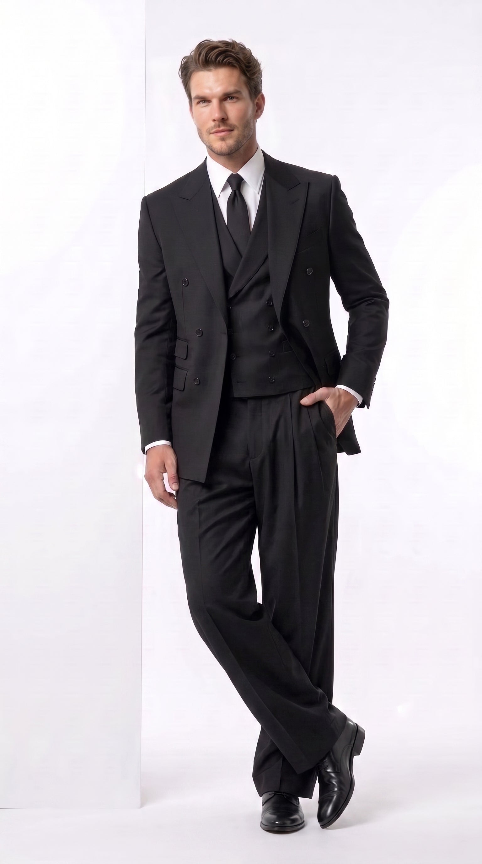 Tiglio Rosso Men’s Black Super 150’s Italian Wool 3-Piece Suit – Double-Breasted Jacket, Vest and Wide-Leg Pleated Pants - 34 Short or Extra Small