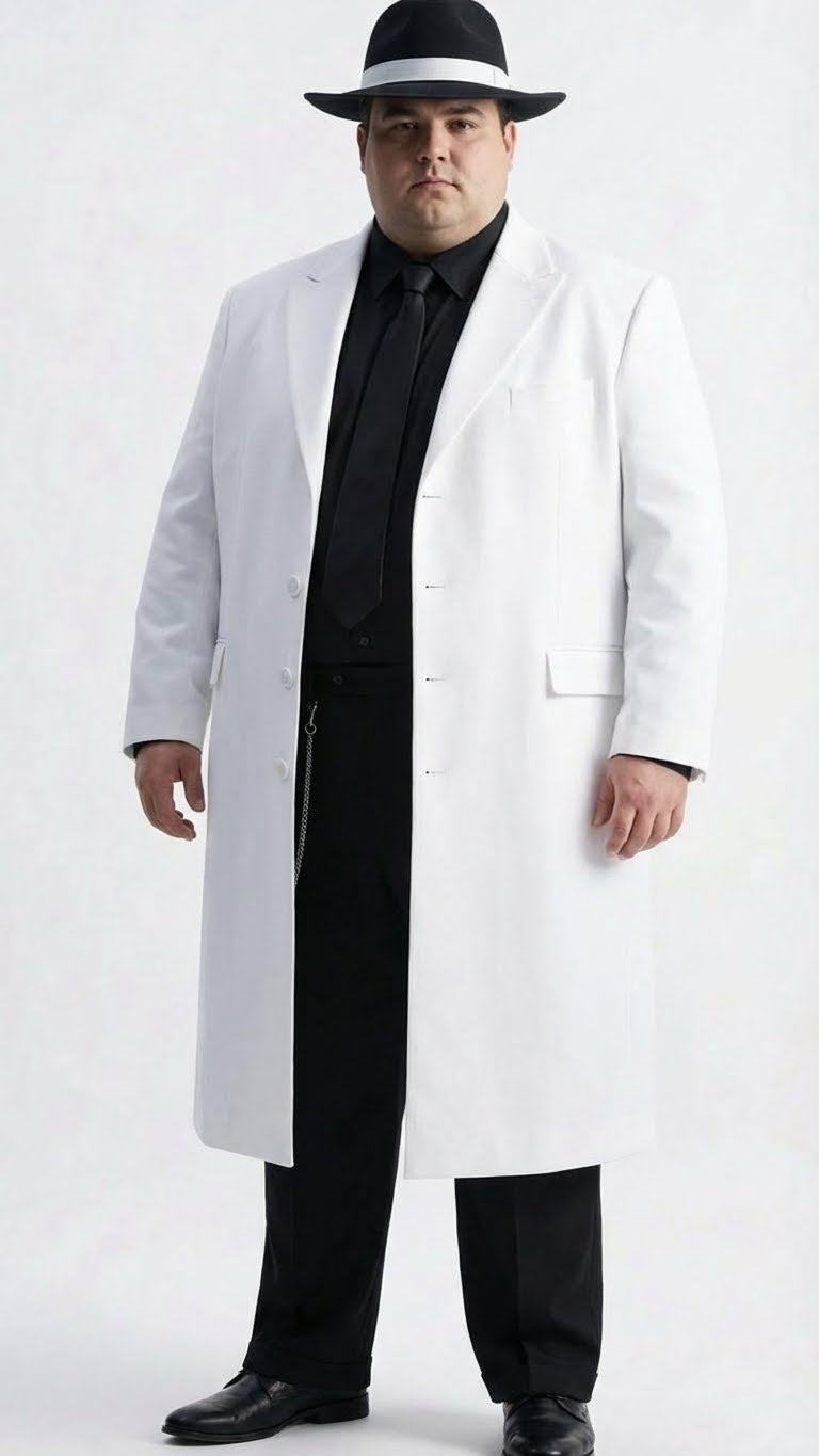 Men’s White Long Zoot Style Suit  | Vintage Gangster Mafia Formal Coat with Black Pants - 34 Short or Extra Small