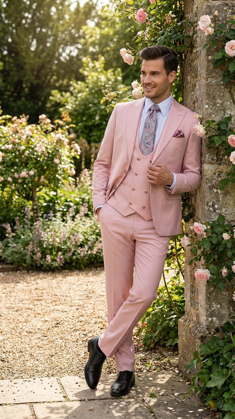 Men’s Blush Pink and Gold Three-Piece Suit – Tailored Fit Formal Wedding, Vested Suit By Rossiman - 34 Short or Extra Small