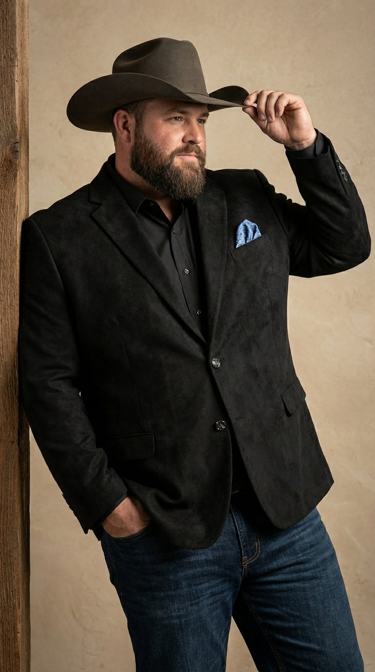 Men’s Black Suede Cowboy Blazer with Elbow Patch Sleeves – Black Western Style Suede Sport Coat for Casual and Smart Casual Wear - 36 Short