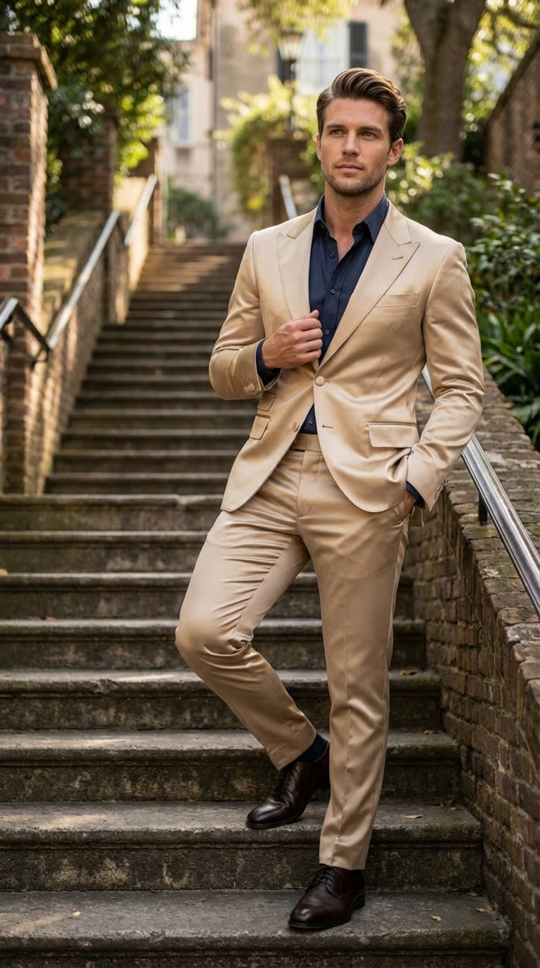 Mens Shiny Champagne Gold Two Piece Suit Luxury Formal Satin Finish Suit for Wedding, Party and Evening Wear