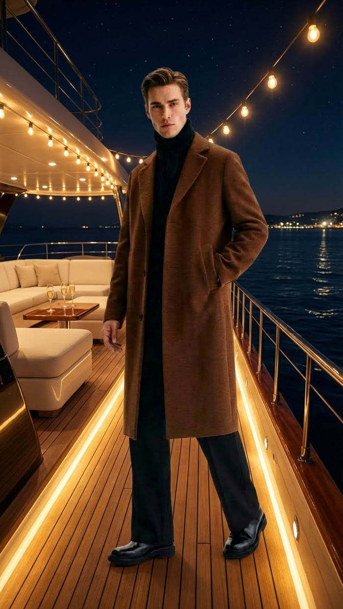 Mens Brown Long Wool Overcoat Topcoat Wool Carcoat Three Quarter