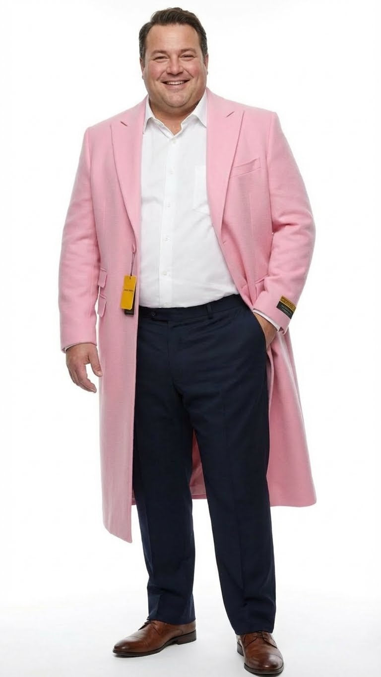 Men’s Pink Wool Blend Long Overcoat – Slim Fit Tailored Winter Coat - Carcoat - Topcoat - Coat Size 38
