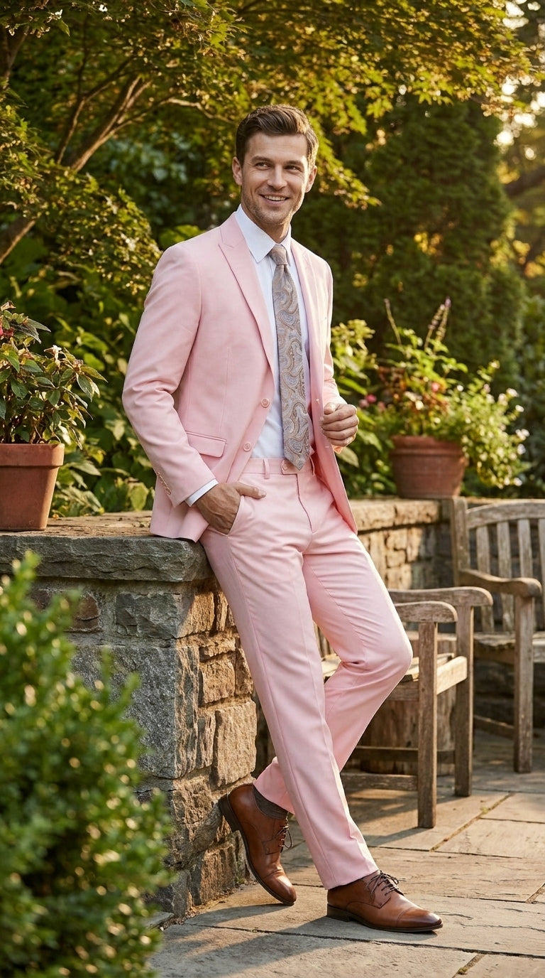 Men’s Light Pink 2 Piece Suit, Formal Dress Suit for Weddings, Prom, Parties, Summer Events Slim Fitted By Vitali - 34 Short or Extra Small