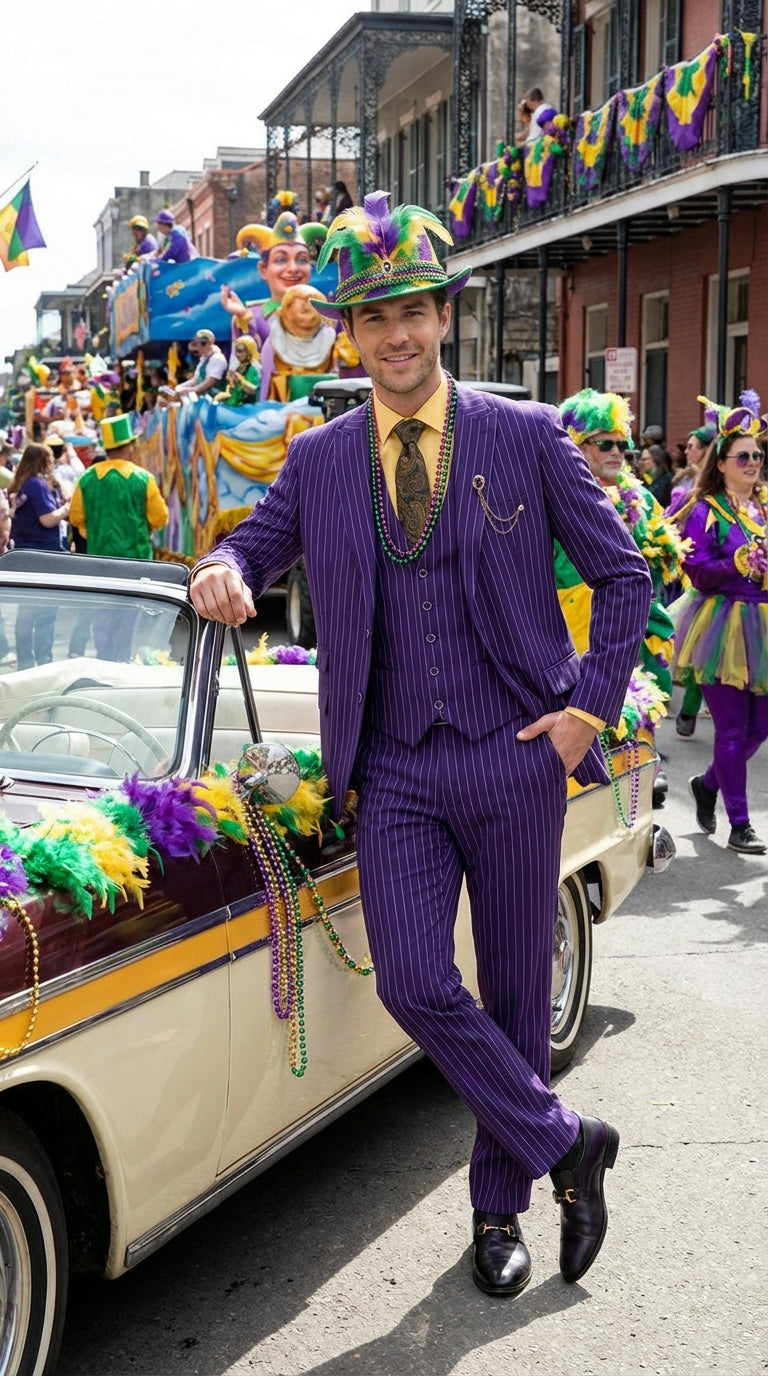 Mens Purple Pinstripe Mardi Gras Suit | Three Piece Carnival Formal Suit with Vest