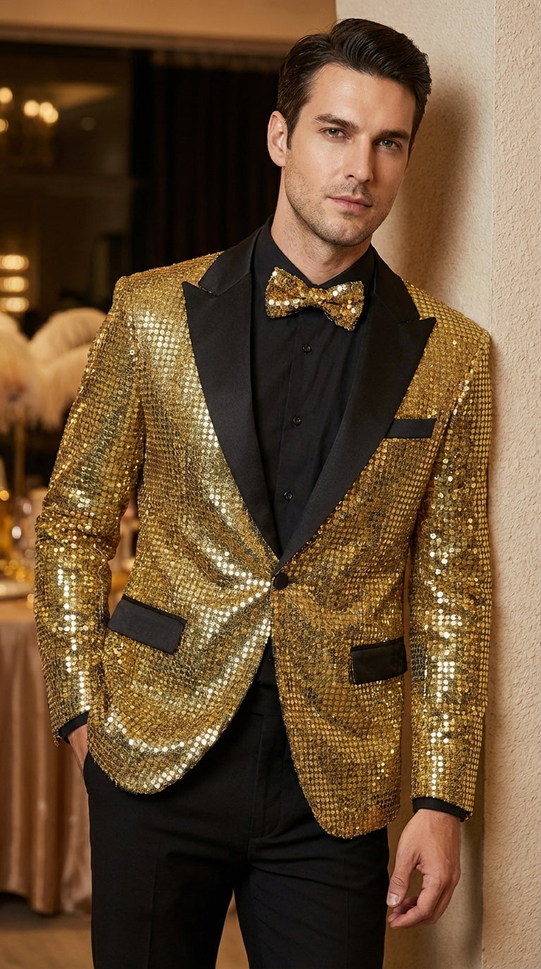 Mens Gold Sequin Blazer with Black Satin Lapel – Gold Formal Party Blazer Jacket for Prom, Wedding and Stage Events - 36 Short