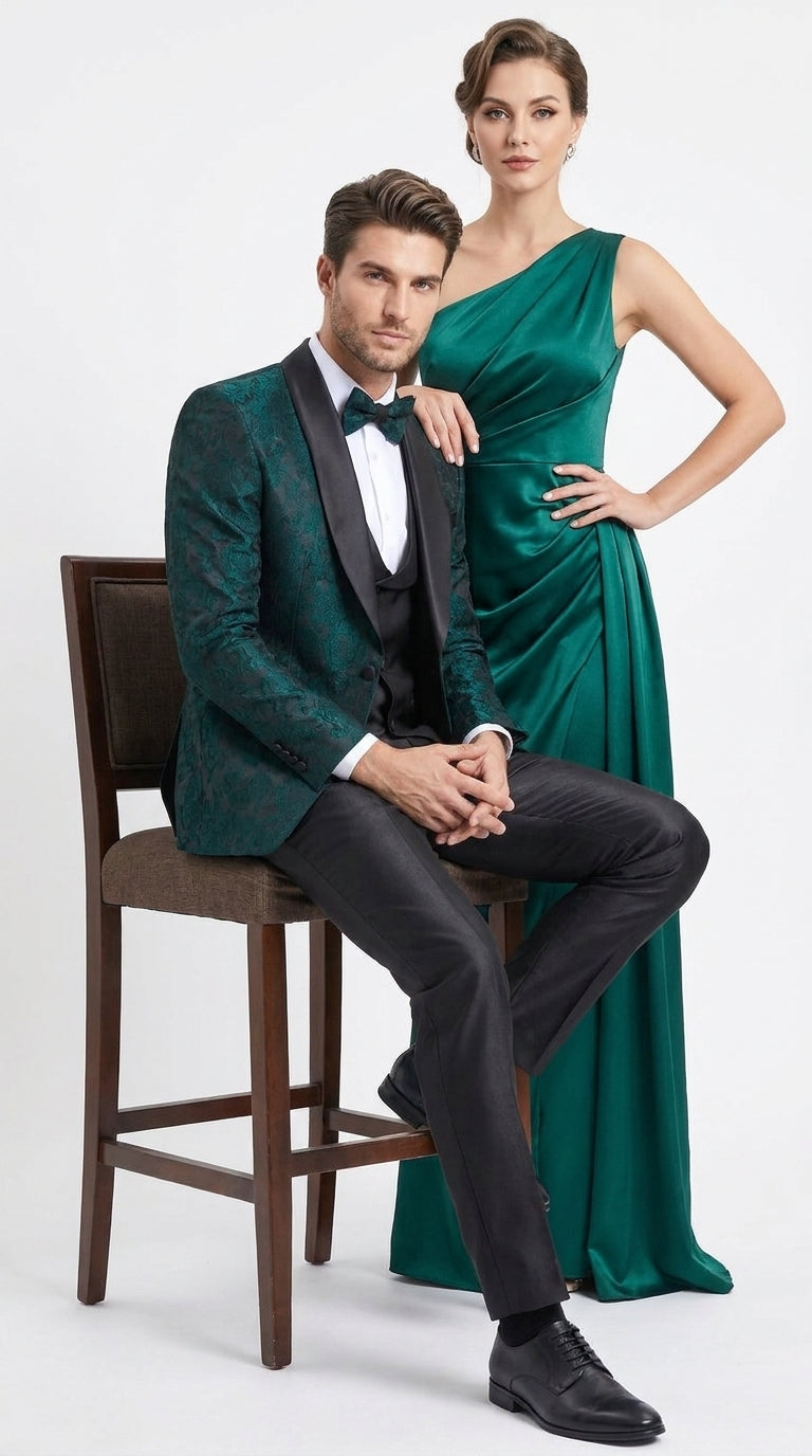 Tazzio Men’s Hunter Green & Black Paisley Tuxedo – Skinny Fit Shawl Collar 3-Piece Prom and Wedding Suit - 34 Short or Extra Small