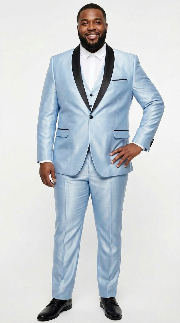 Mens Light Blue Shiny 3 Piece Suit with Black Shawl Lapel | Formal Wedding Prom Suit - Sateen Sharskin Suit