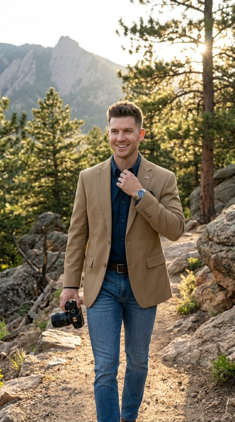 Mens Khaki Camel Bronze Taupe Blazer, Classic Business Casual Wedding Sport Coat Jacket in Tan Color - 36 Short